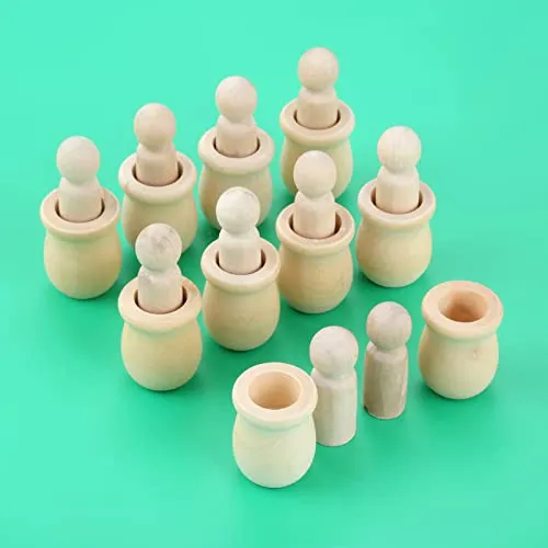 10PCs Wood Peg Dolls Wooden Figures, Mini People Unfinished Wooden DIY Craft Toy Set Decoration Unpainted Blank Wooden Peg People, Nesting Set Peg