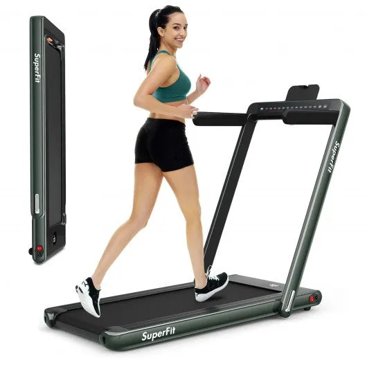 2-in-1 Electric Motorized Health and Fitness Folding Treadmill with Dual Display and Speaker-Green