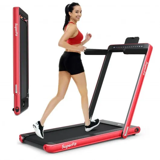 2-in-1 Electric Motorized Health and Fitness Folding Treadmill with Dual Display and Speaker-Red