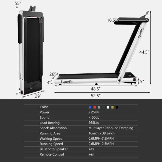 2 in 1 Folding Treadmill with Bluetooth Speaker Remote Control-White