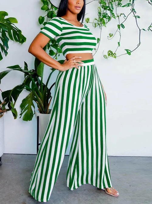 2 Pieces Sets Stripe Printed Short Sleeve T-shirt & Wide Leg Pants