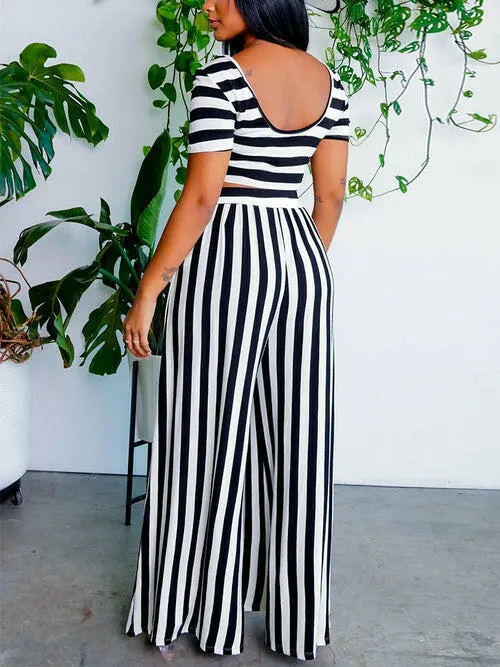 2 Pieces Sets Stripe Printed Short Sleeve T-shirt & Wide Leg Pants