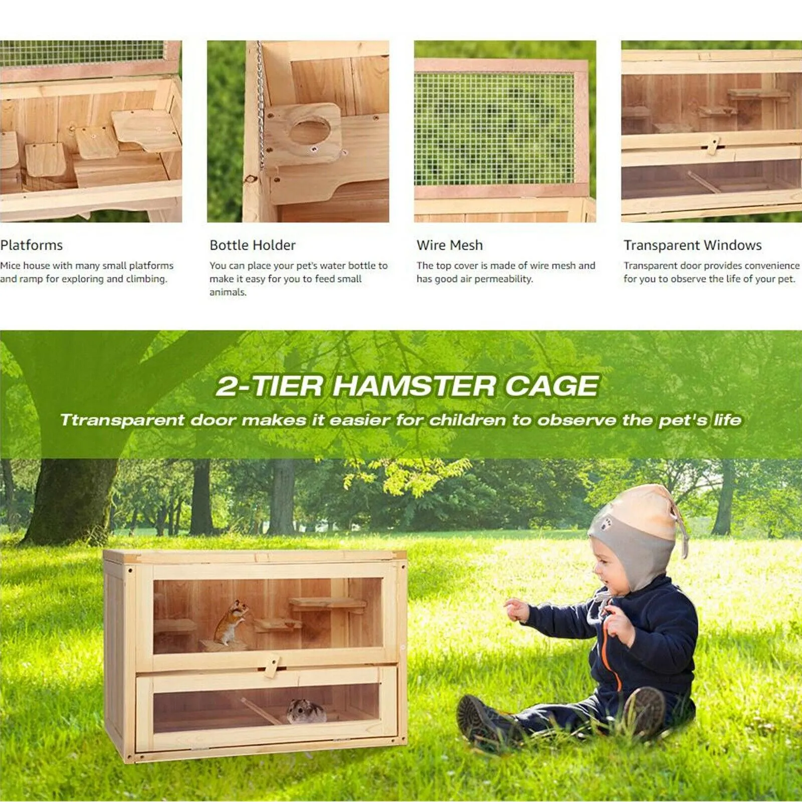 2 Tiers Wooden Hamster Cage Exercise Play House w/ Jumping Board Climbing Ladder