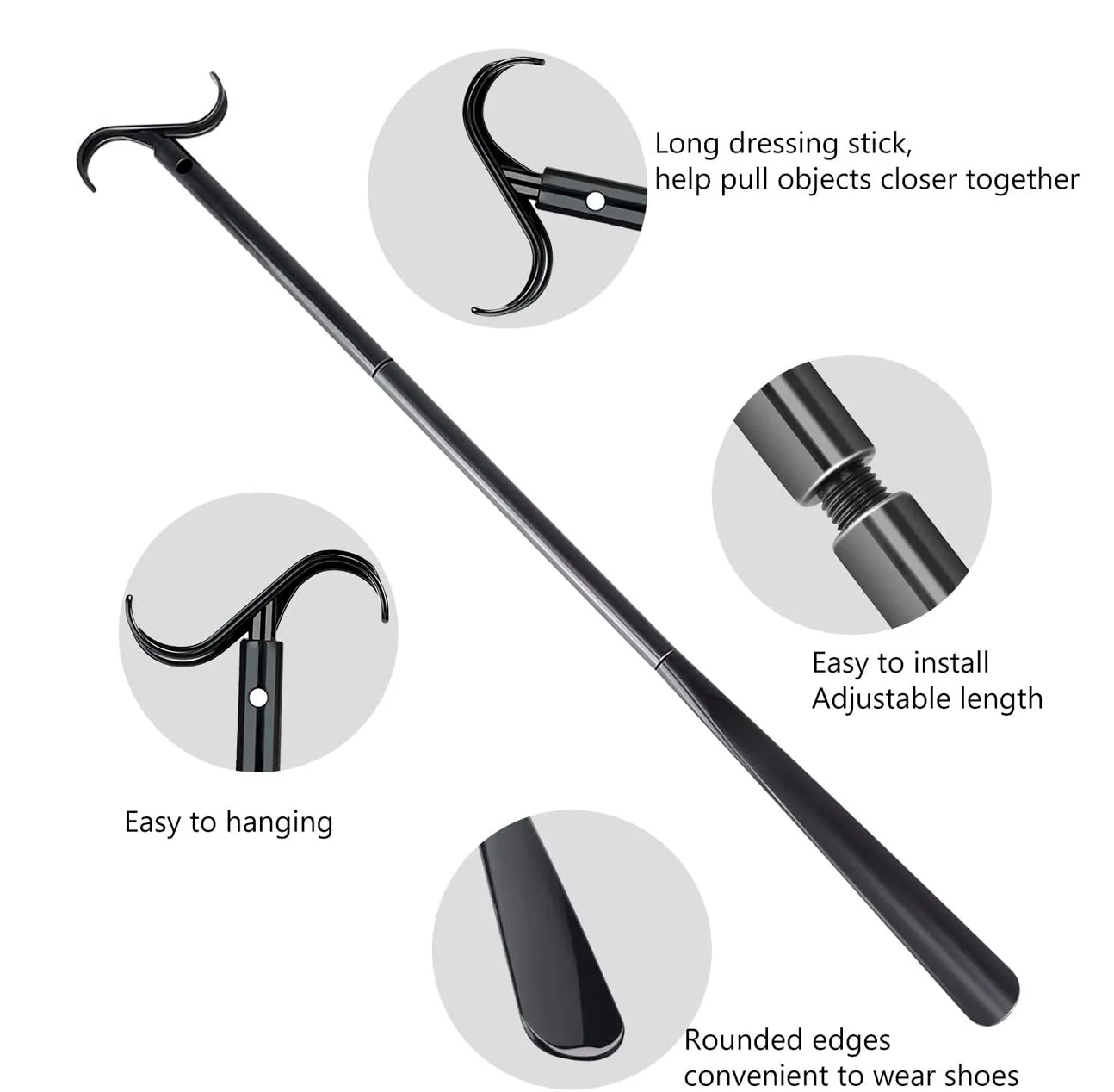 33" Long Dressing Stick with Shoe Horn with Sock Removal Tool, Adjustable Extended Dressing Aids for Shoes, Socks, Shirts and Pants