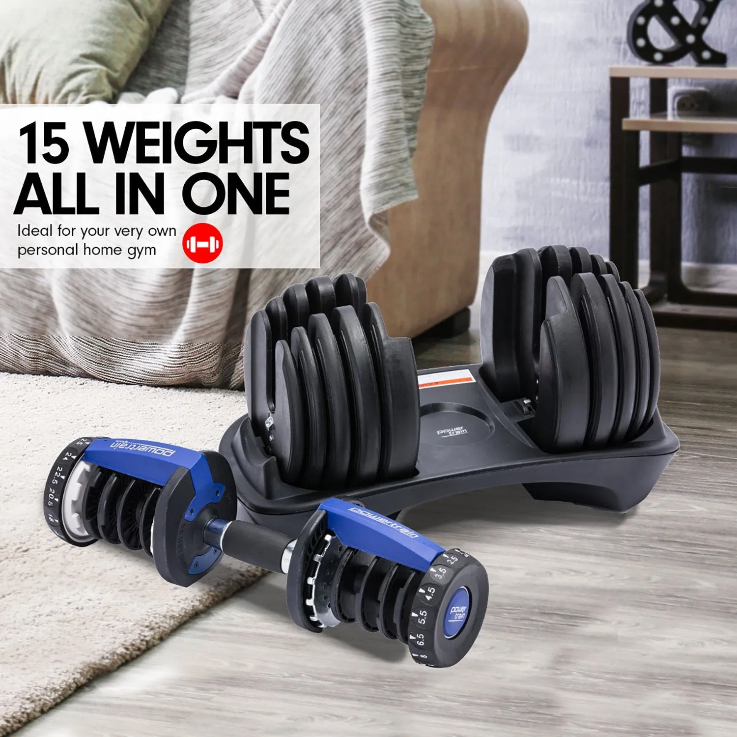 Adjustable 24kg Dumbbell Set, 15 Weights, Ergonomic - Powertrain