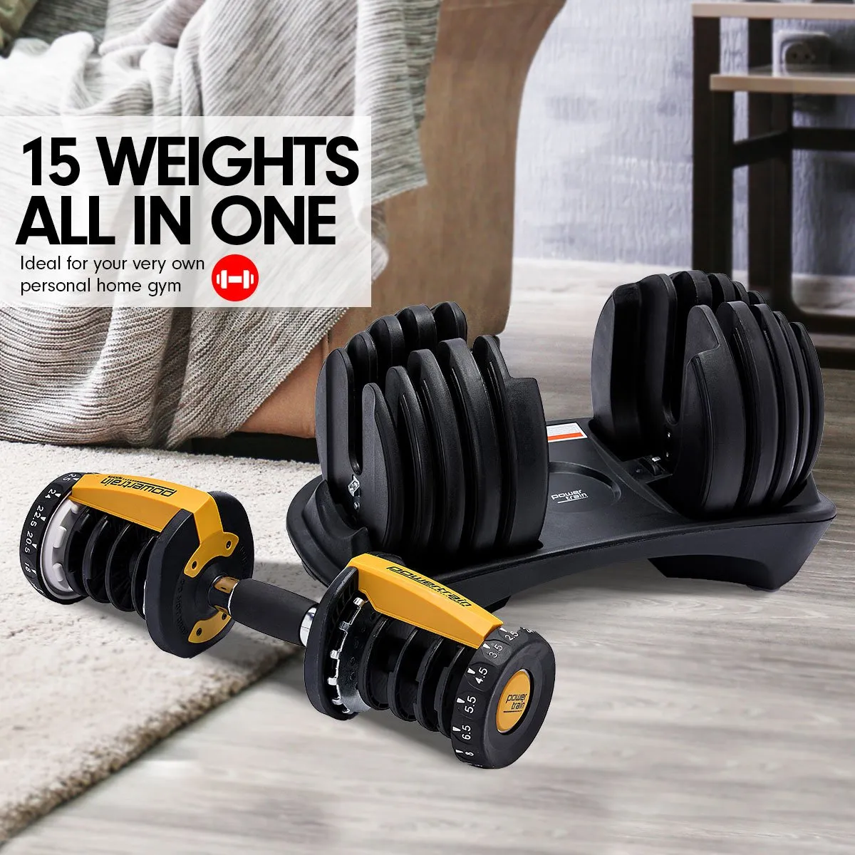 Adjustable 48KG Dumbbell Set with Stand - Powertrain