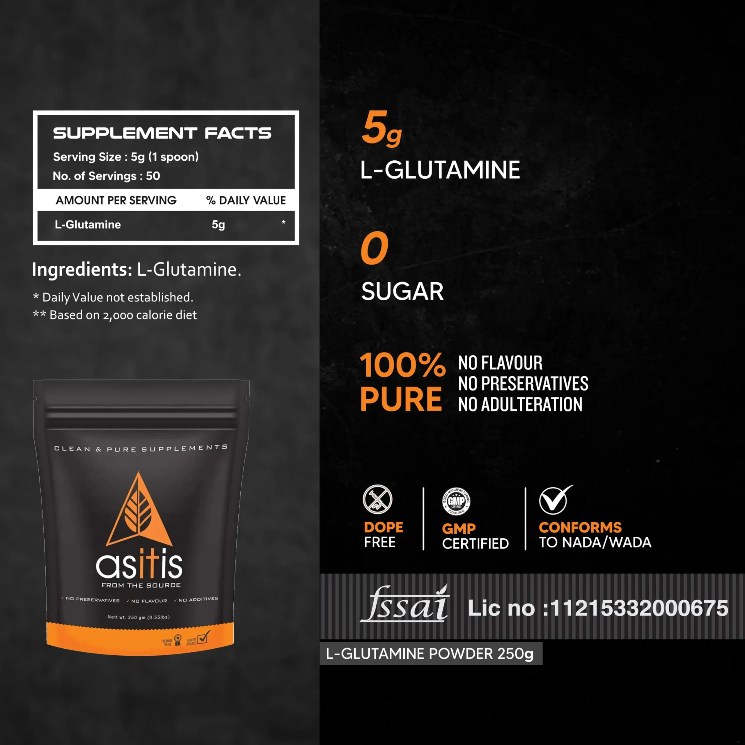 AS-IT-IS Nutrition 100% L-Glutamine Powder, Pure 5g Amino Acid for Muscle Growth and Recovery, Intra & Post workout with easy Mixability - Unflavoured, Single Ingredient with Zero Adulteration - 250g (50 servings)