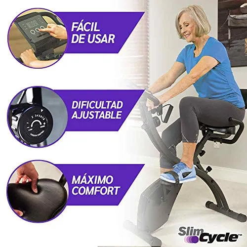 As Seen On TV Slim Cycle Stationary Bike by Bulbhead, Most Comfortable Exercise Machine, Thick, Extra-Wide Seat & Back Support Cushion, Recline or Upright Position, Twice the Results in Half the Time