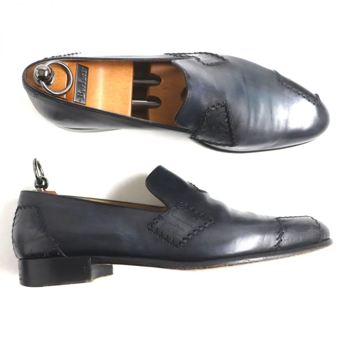 Berluti Olga Lapierre Plisse Leather Shoes Navy 8.5