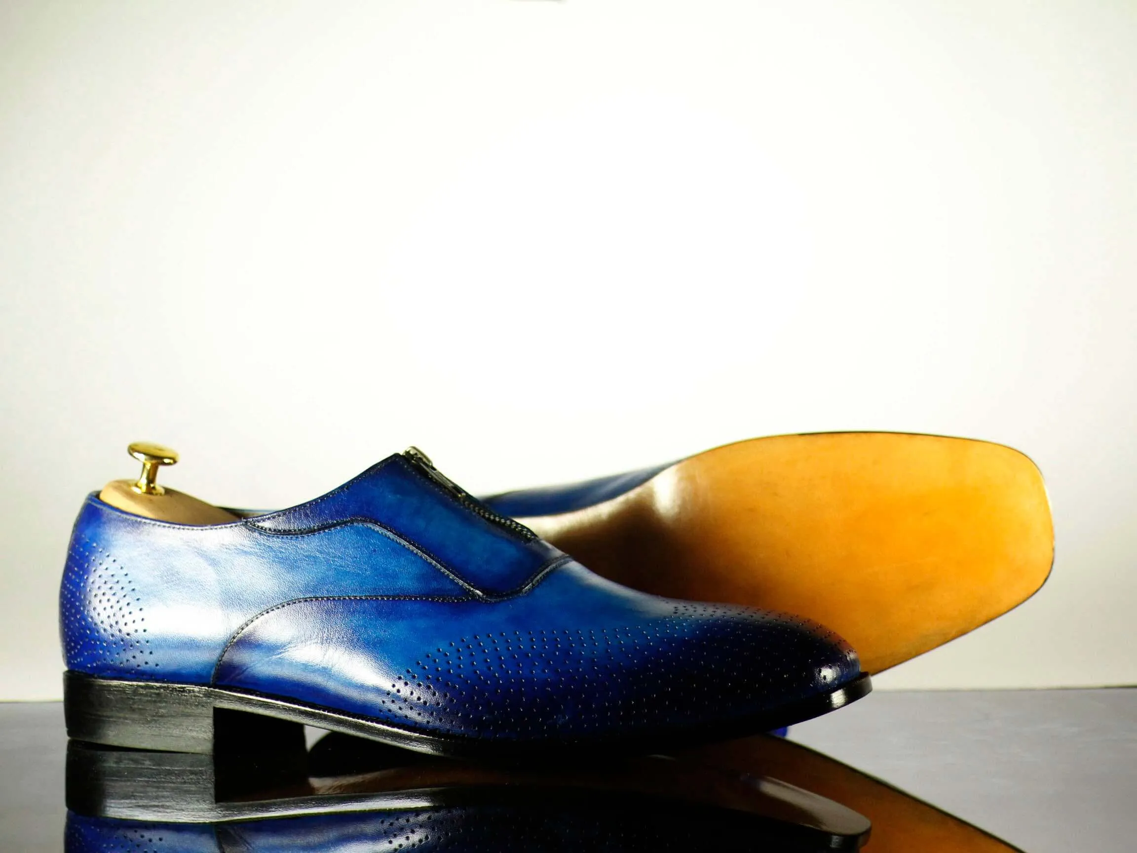 Bespoke Blue Leather Brogue Toe Zipper Shoes for Men