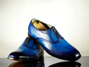 Bespoke Blue Leather Brogue Toe Zipper Shoes for Men