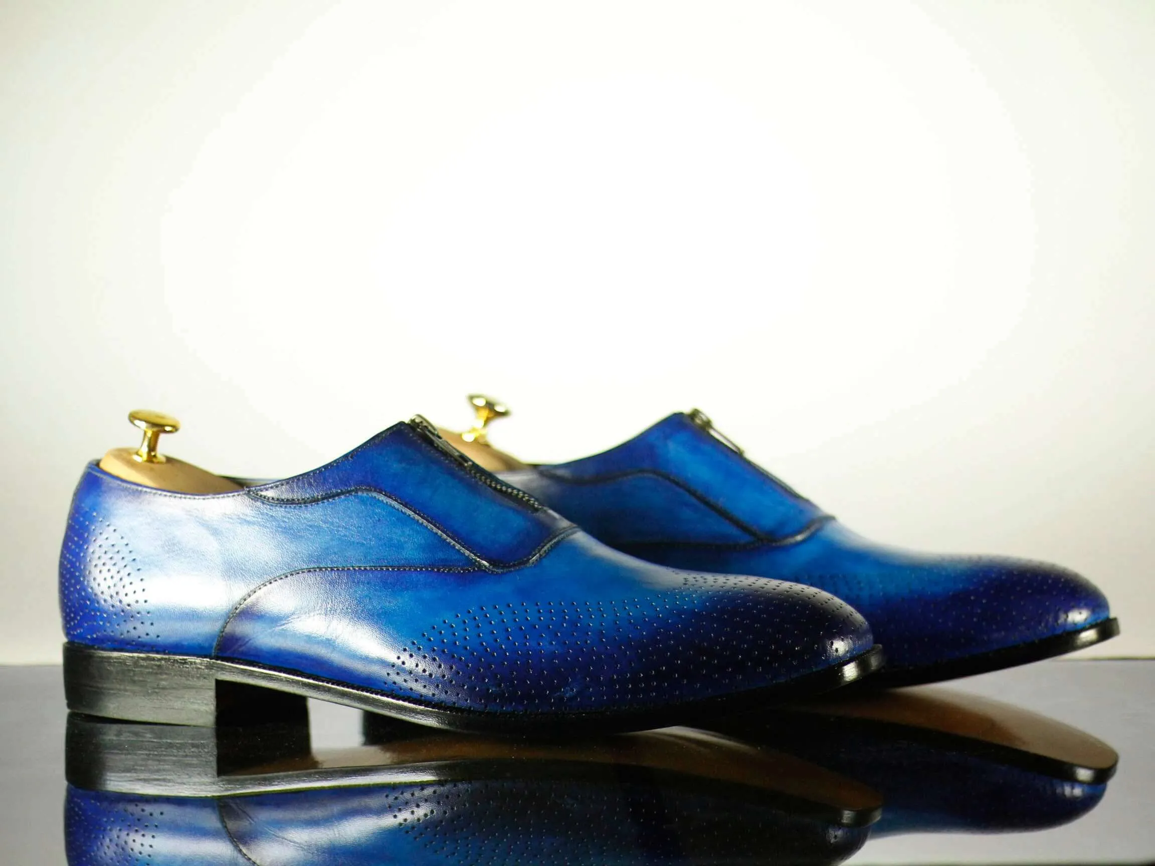 Bespoke Blue Leather Brogue Toe Zipper Shoes for Men