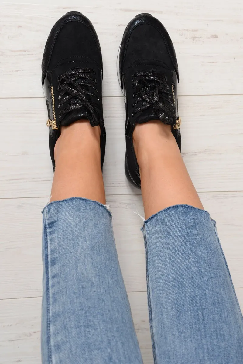 Black Glitter Lace Up Chunky Trainers - Shania