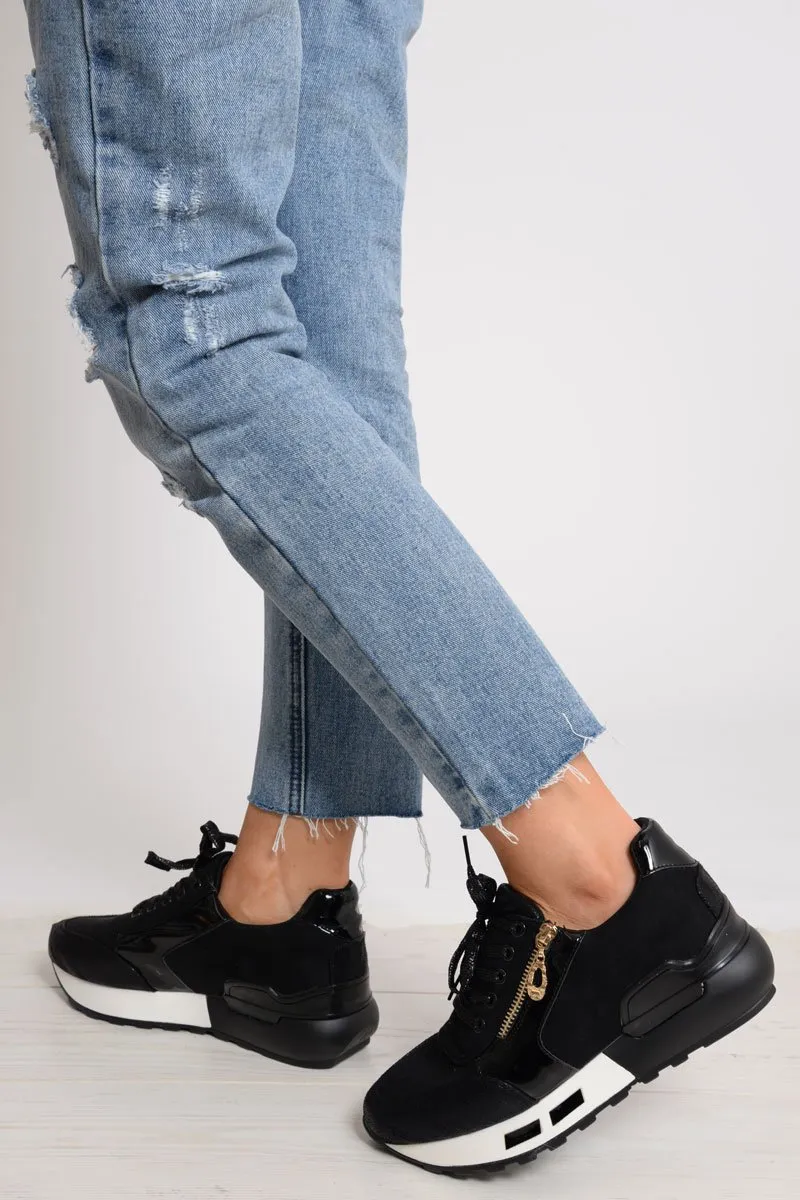 Black Glitter Lace Up Chunky Trainers - Shania