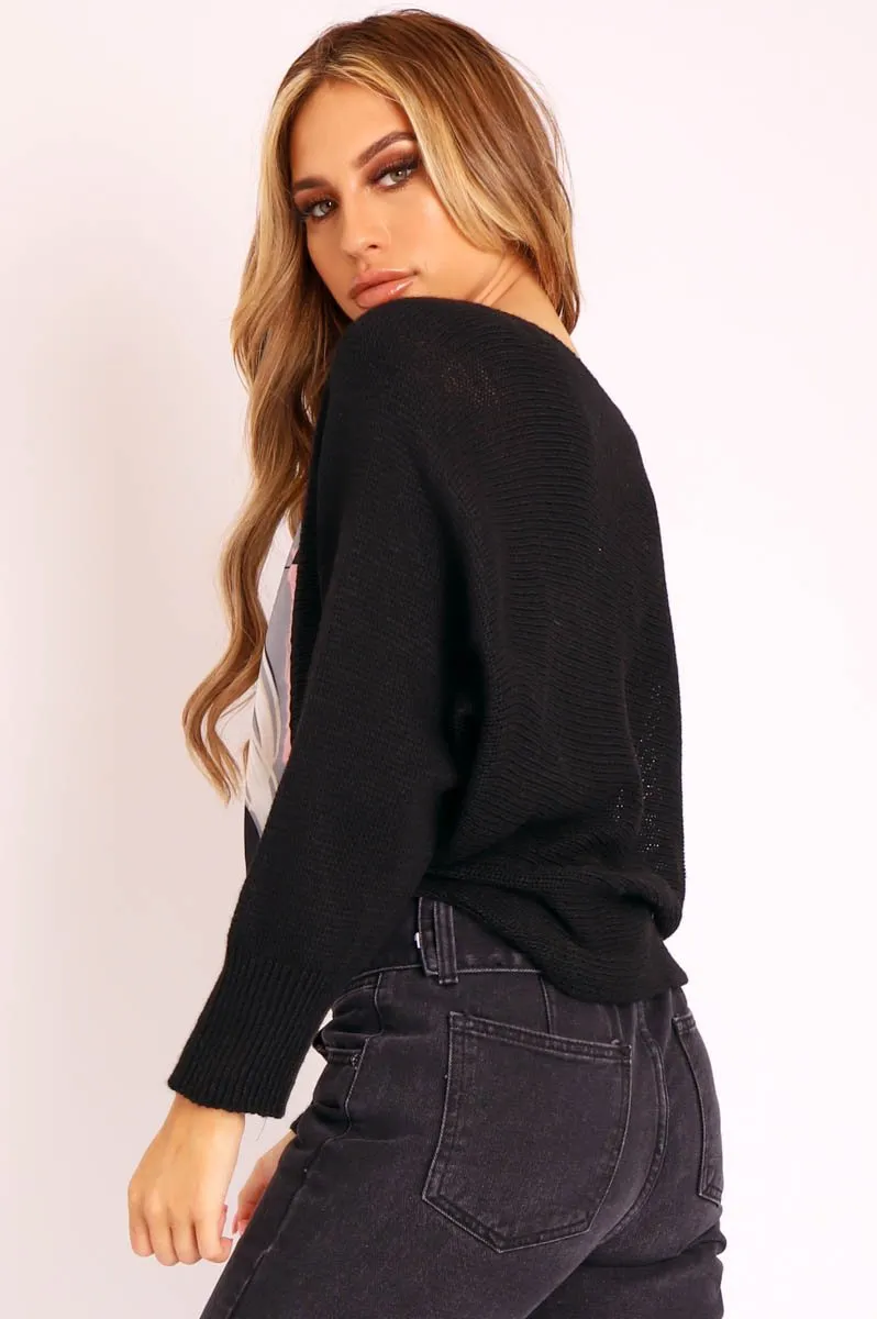 Black Vogue Graphic Slouchy Knit Jumper - Janel