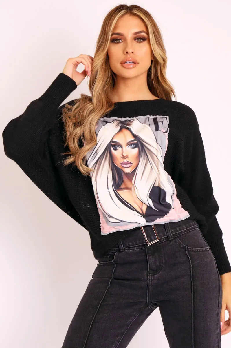 Black Vogue Graphic Slouchy Knit Jumper - Janel