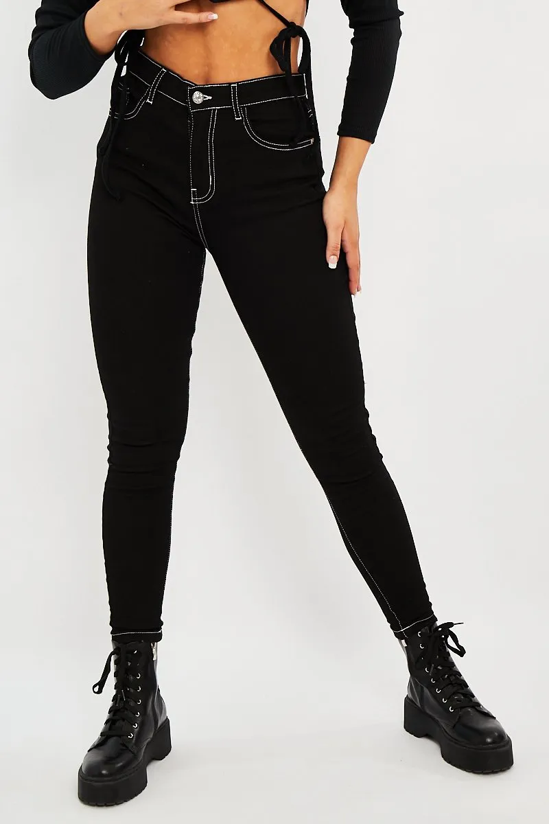 Black White Contrast Stitch Skinny Jeans - Paulina