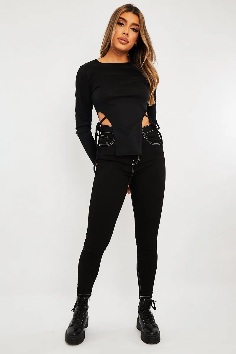 Black White Contrast Stitch Skinny Jeans - Paulina