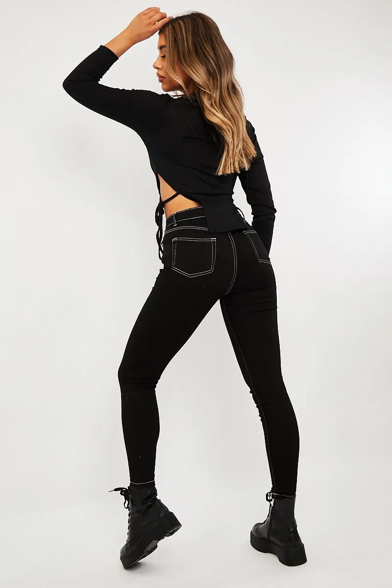 Black White Contrast Stitch Skinny Jeans - Paulina