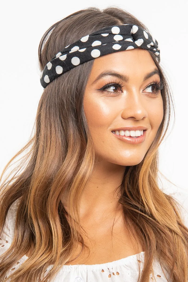 Black White Polka Dot Twist Headband - Kentlee