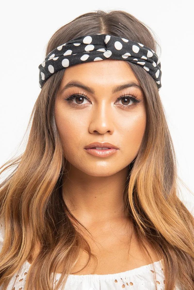 Black White Polka Dot Twist Headband - Kentlee