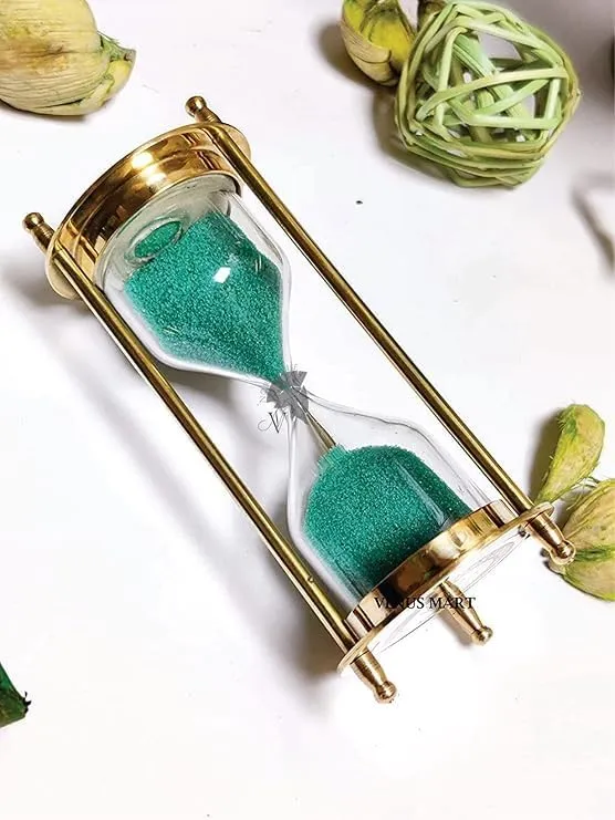 Brass Sand Timer Hour Glass Sandglass Clock Antique Decor Theme Height 4 Inches 1 Minutes Sand Clock for Home Decor Gift Item (Green, Size- Small)