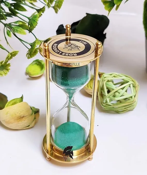 Brass Sand Timer Hour Glass Sandglass Clock Antique Decor Theme Height 4 Inches 1 Minutes Sand Clock for Home Decor Gift Item (Green, Size- Small)