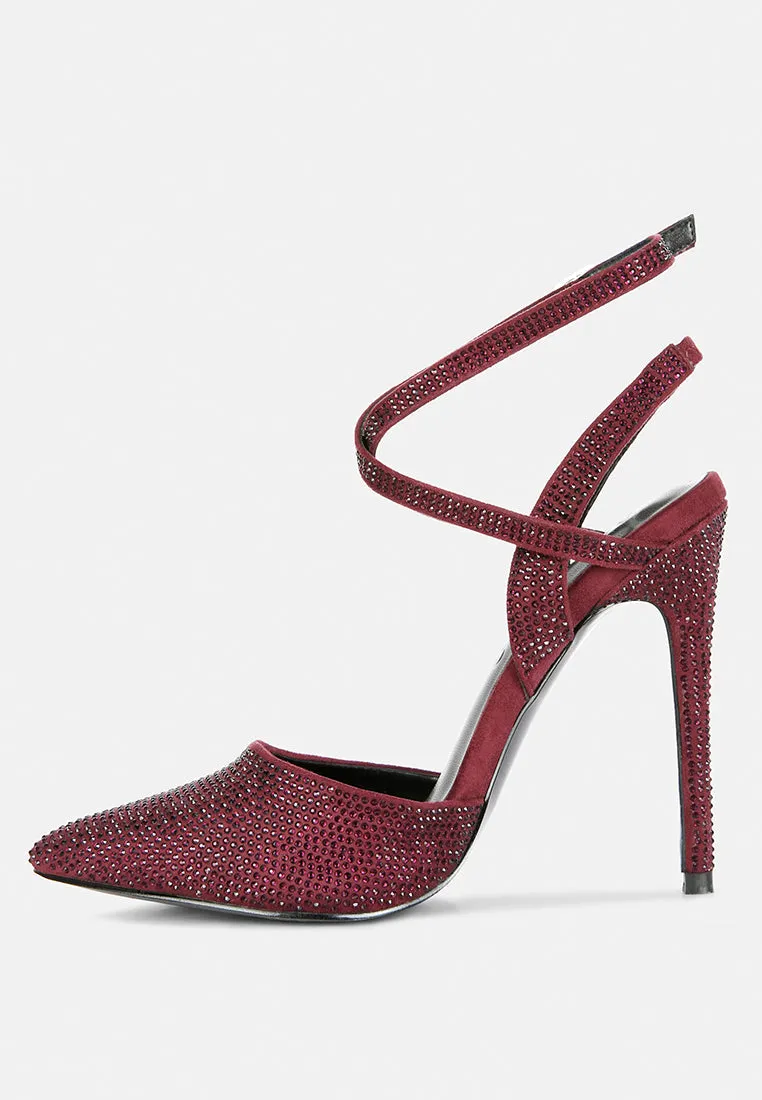 CHARMER Rhinestone Embellished Stiletto Sandals in Burgundy