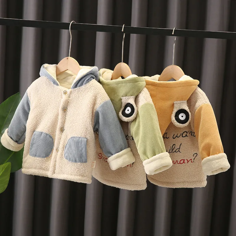 Children Corduroy Fashion Thicken Warm Cartoons Jacket Hooded Tops