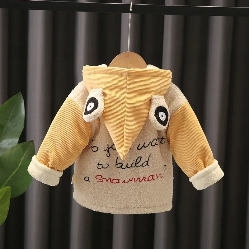 Children Corduroy Fashion Thicken Warm Cartoons Jacket Hooded Tops