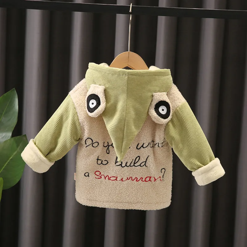 Children Corduroy Fashion Thicken Warm Cartoons Jacket Hooded Tops