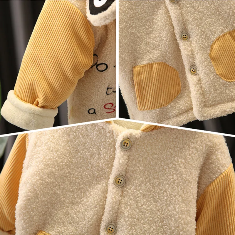 Children Corduroy Fashion Thicken Warm Cartoons Jacket Hooded Tops