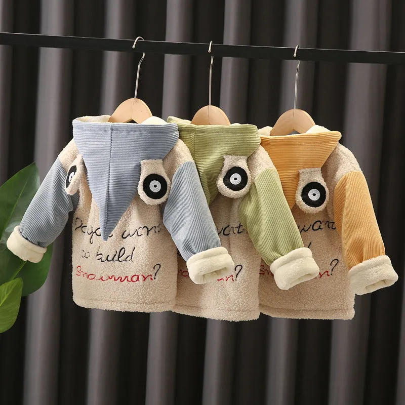 Children Corduroy Fashion Thicken Warm Cartoons Jacket Hooded Tops