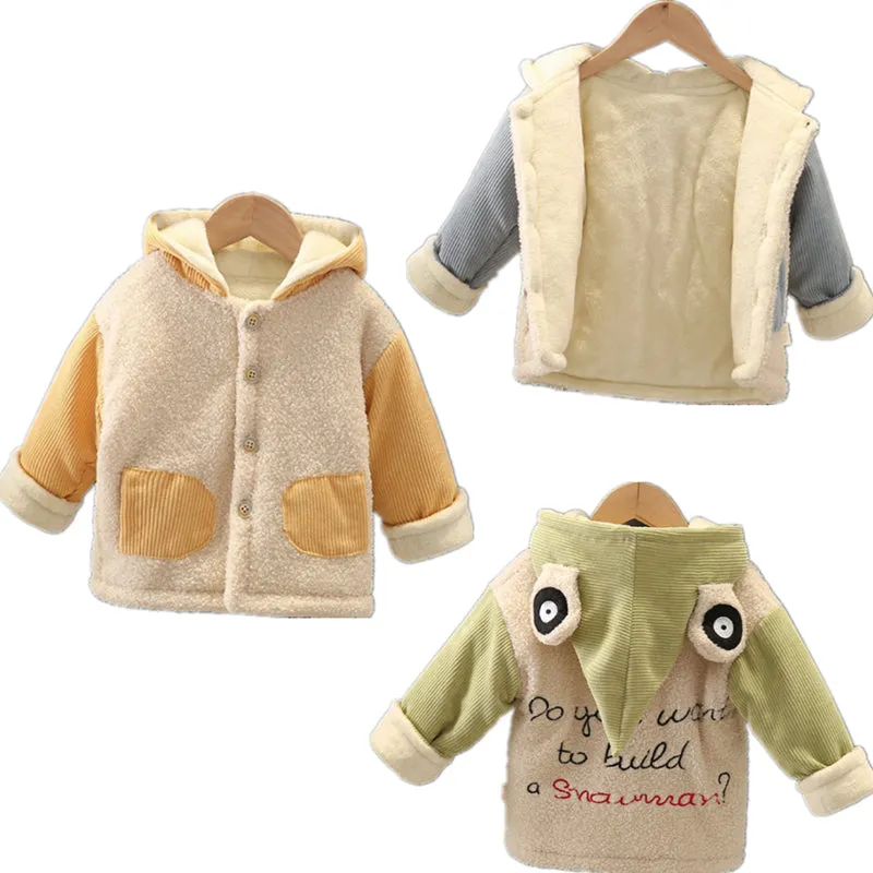 Children Corduroy Fashion Thicken Warm Cartoons Jacket Hooded Tops