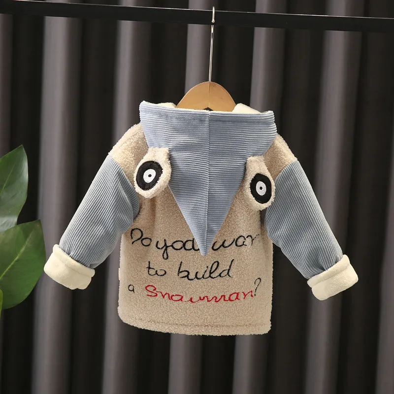 Children Corduroy Fashion Thicken Warm Cartoons Jacket Hooded Tops