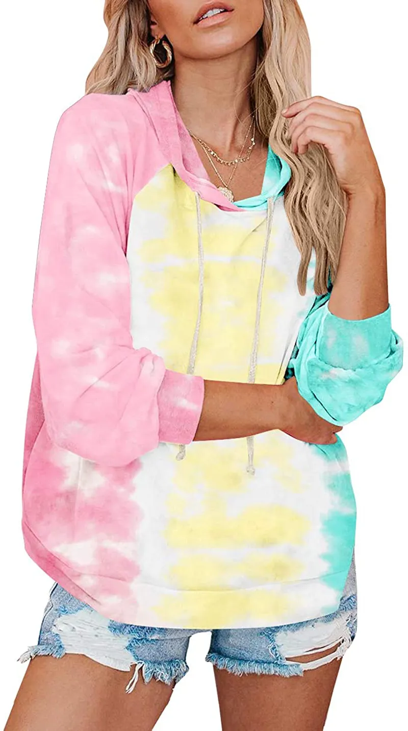 Clarisbelle Womens Long Sleeve Tie-Dye Hoodie with Drawstrings