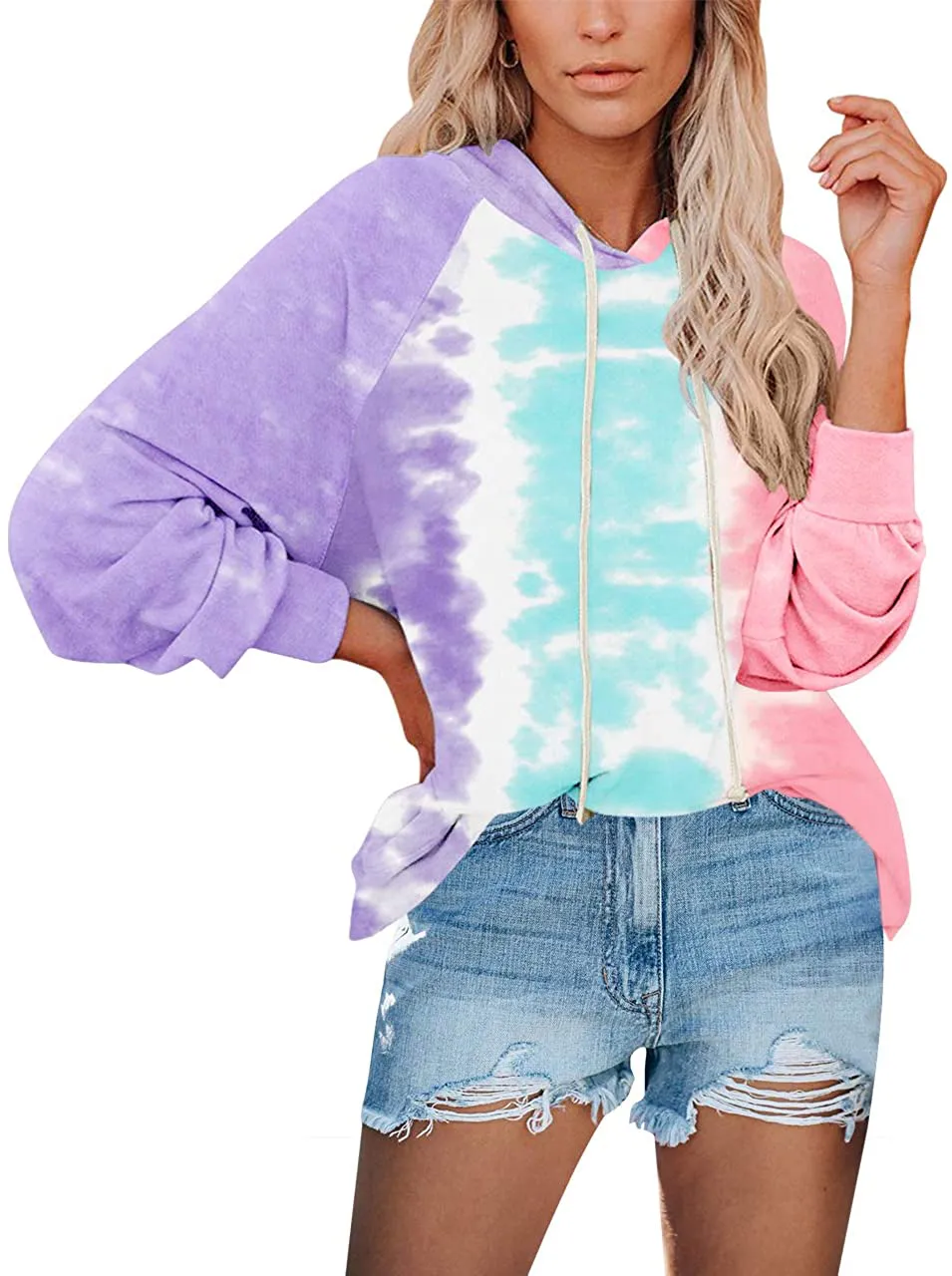 Clarisbelle Womens Long Sleeve Tie-Dye Hoodie with Drawstrings