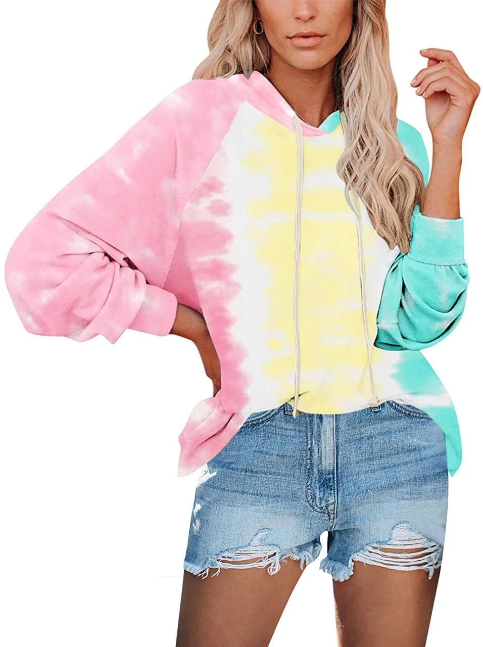 Clarisbelle Womens Long Sleeve Tie-Dye Hoodie with Drawstrings