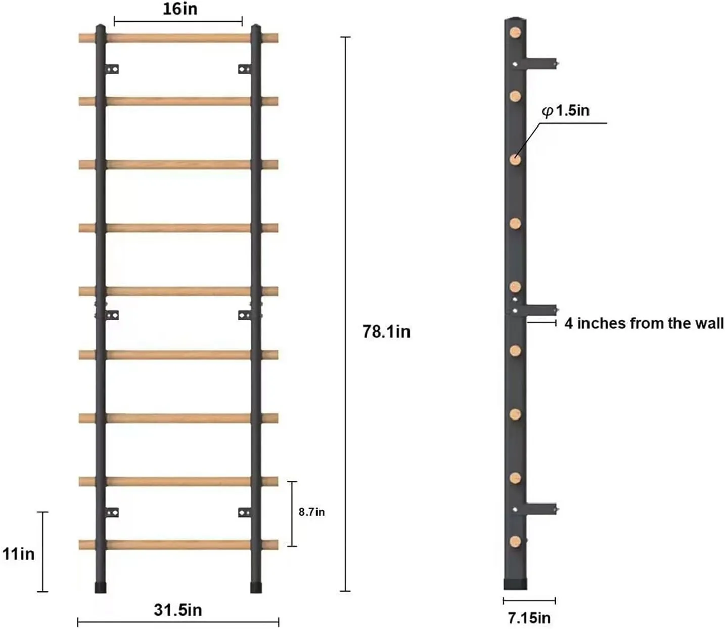 DHT Dynamic Health Tech WA2 Stall Bar Beech Wood Bars Comfort Grip Wall Mount Pull Up Training equipment, Home gym, Exercise