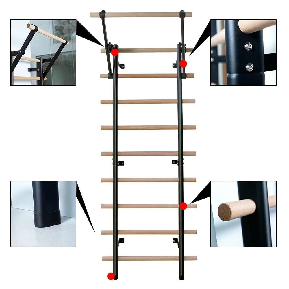 DHT Dynamic Health Tech WA2 Stall Bar Beech Wood Bars Comfort Grip Wall Mount Pull Up Training equipment, Home gym, Exercise