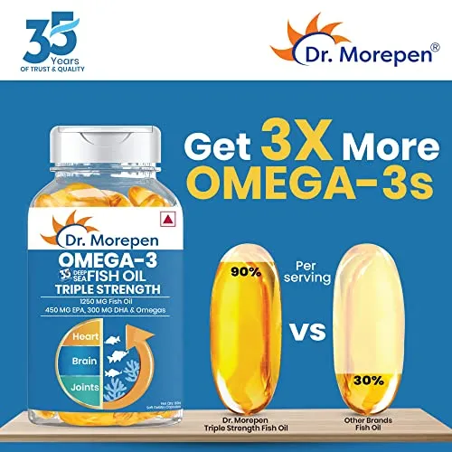 DR. MOREPEN Omega 3 Fish Oil Triple Strength 1250mg with 750 mg EPA & DHA | High Potency Fish Oil 60 Softgels Pack of 1