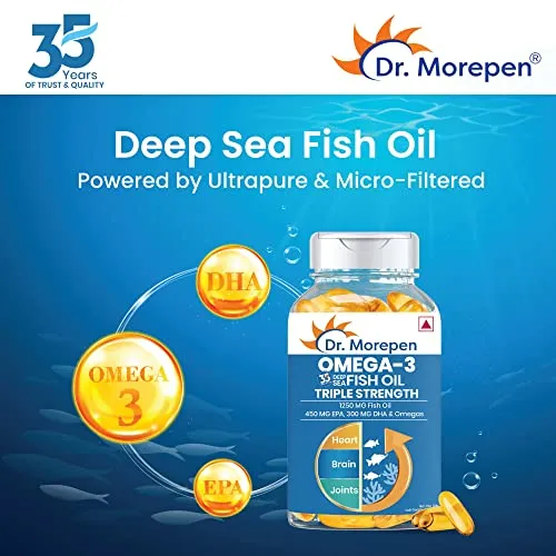 DR. MOREPEN Omega 3 Fish Oil Triple Strength 1250mg with 750 mg EPA & DHA | High Potency Fish Oil 60 Softgels Pack of 1