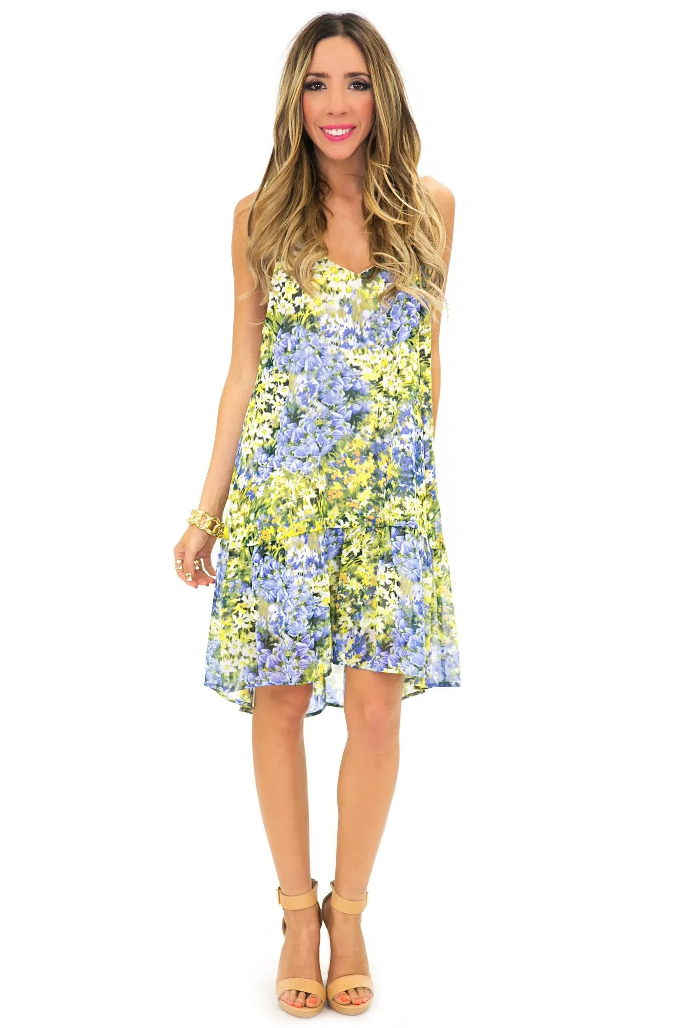 DROP WAISTED FLORAL PRINT DRESS