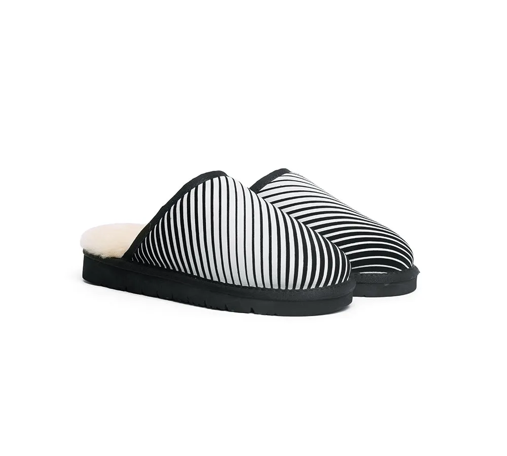 EVERAU® UGG Slippers Sheepskin Wool Black Diagonal Stripe Print Suede Cruz EU39