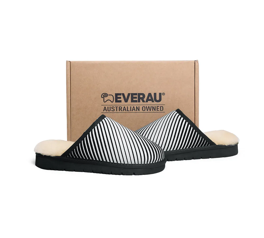 EVERAU® UGG Slippers Sheepskin Wool Black Diagonal Stripe Print Suede Cruz EU39