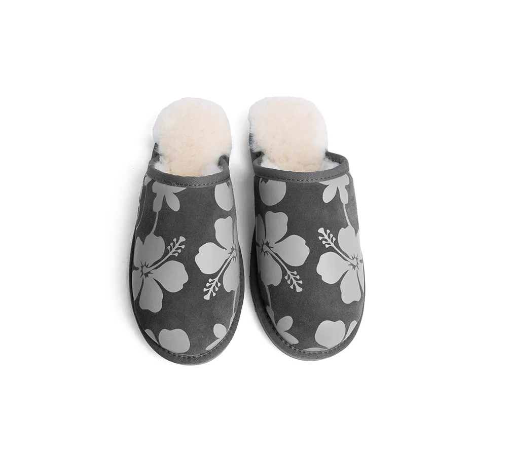 EVERAU® UGG Slippers Sheepskin Wool Grey Floral Print Suede Cruz EU40