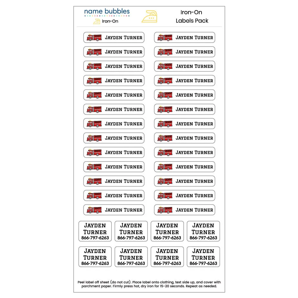 Fire Truck Iron-On Clothing Labels Pack