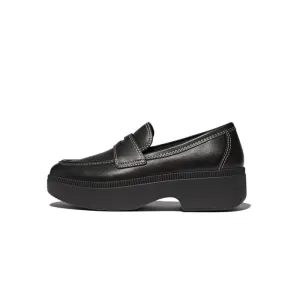 Fitflop Women F-Luma Contrast-Stitch Leather Demi-Wedge Loafers |IM9-001| Black