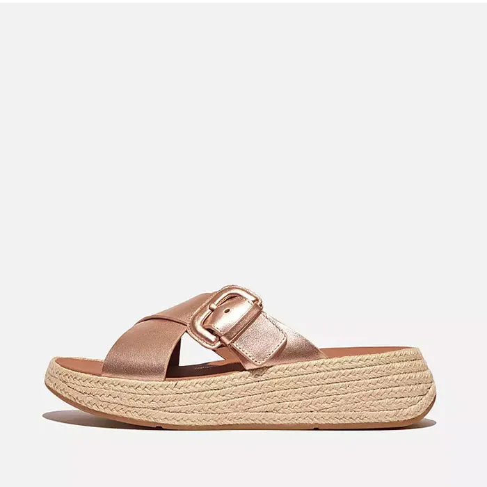 Fitflop Women F-Mode Espadrille Buckle M Leather Flatform Slides |HJ4-323| Rose Gold