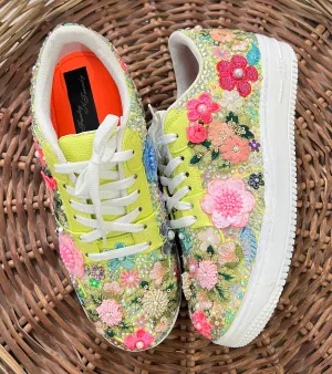 FUNKY N TRENDY fully hand crafted green floral work with beads rhinestones cutdana etc /bridal sneakers / bridesmaid sneakers/ floral sneakers /colorful sneakers /bridal shoes / haldi mahendi shoes/ multi color shoes / green sneakers